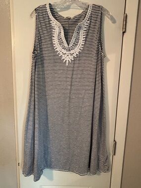 Max Studio Navy and White Striped Midi Dress with Crochet Neckline